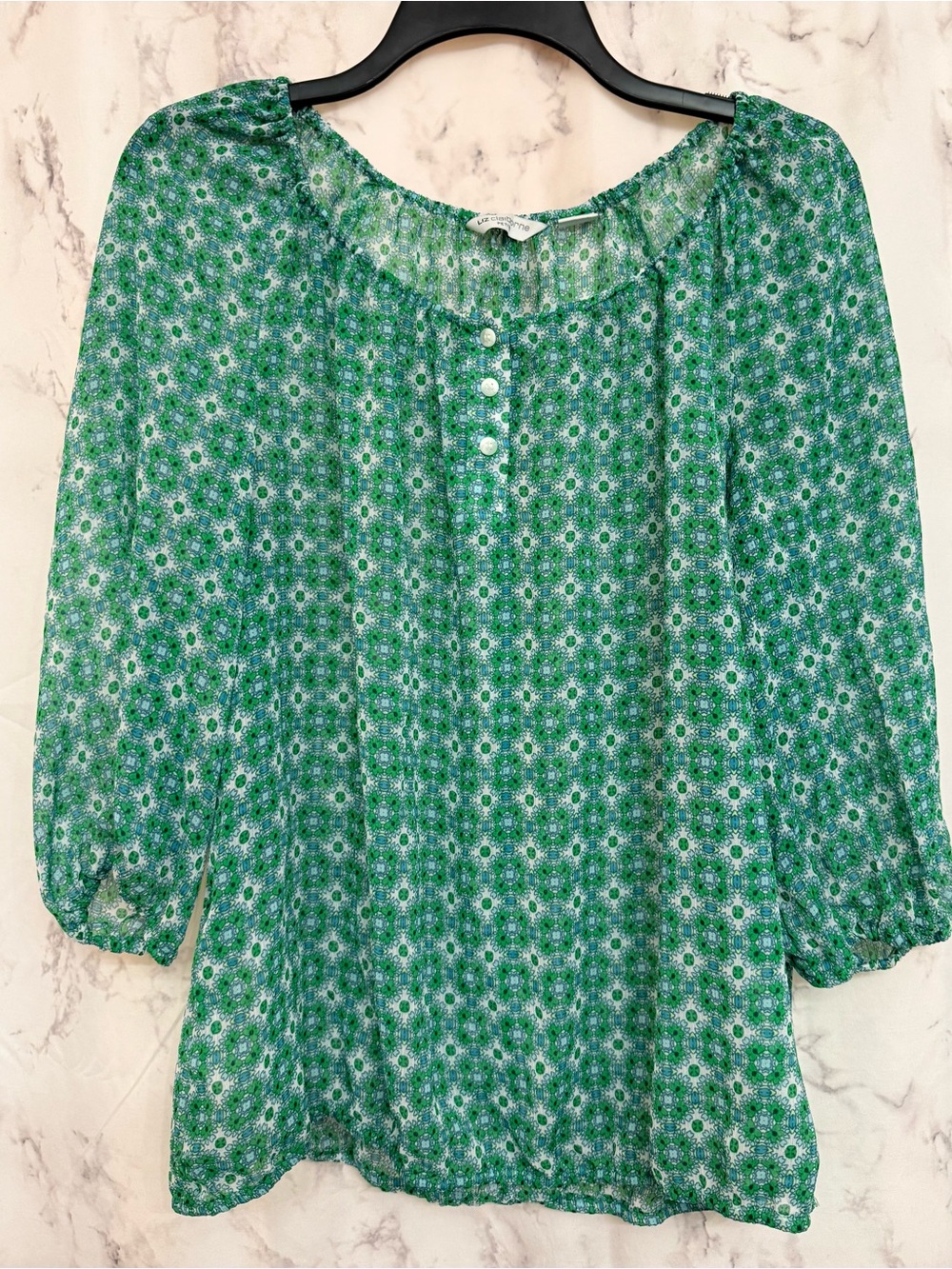 Liz Claiborne Green Floral-Print Peasant Blouse